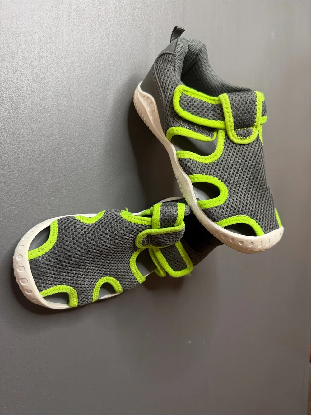 Kids Gray & Neon Green Active Sandals - Velcro Strap. Size: 12